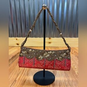 Vintage Red and Gold Paisley with Rhinestone Accent Gold Beaded Handbag/Clutch